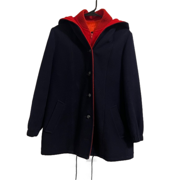 Vintage Mackintosh Vestcoat Size 8 Navy/Red 100% Wool Hood Drawstring Hem - Picture 1 of 15